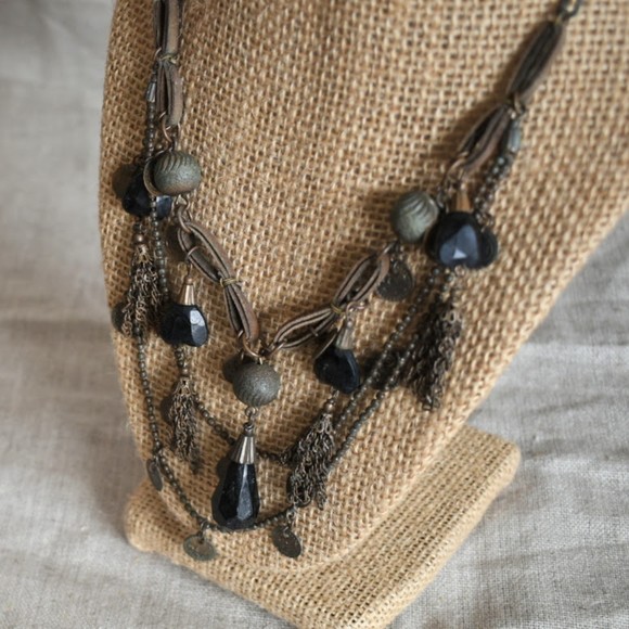 Antique Brass Tone 3 Strand Metal, Glass, Faux Leather Necklace - Picture 3 of 3